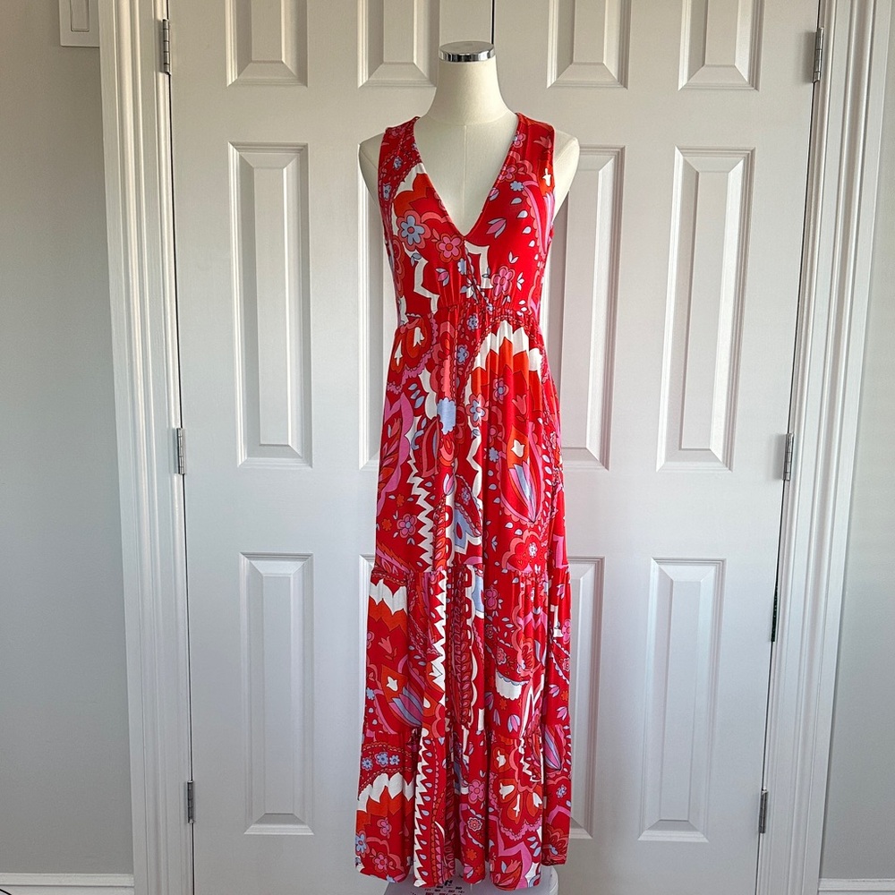 Boden Sleeveless Paisley Jersey Maxi Dress Sylvia Flame Scarlet Tier Size 4 - Picture 4 of 17